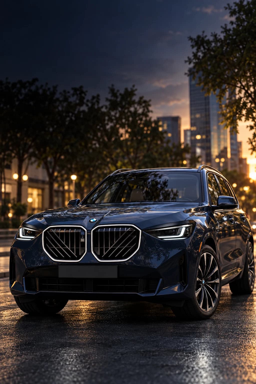 BMW azul oscuro con la parrilla iluminada en una calle de ciudad al atardecer