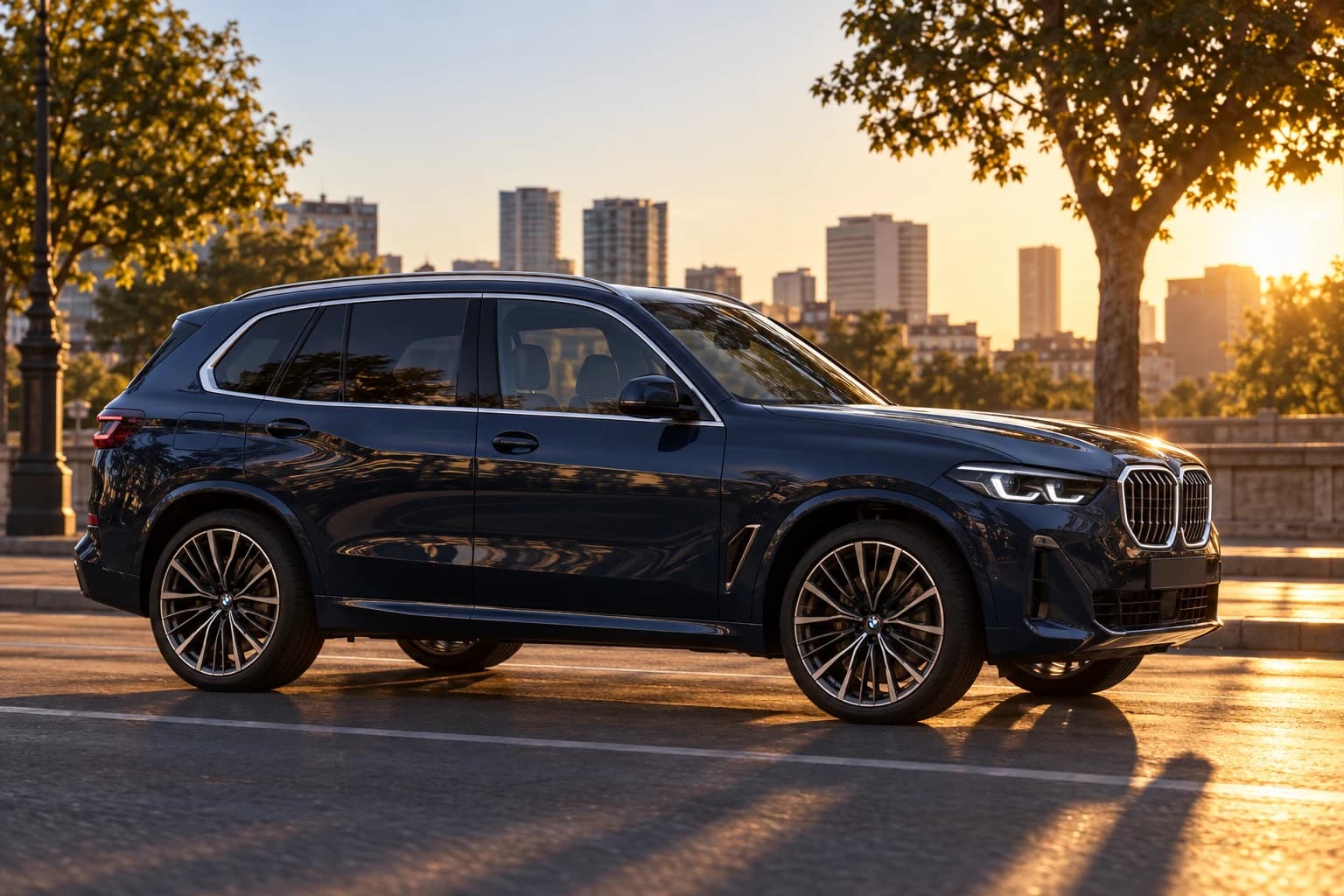 BMW azul oscuro de perfil en una avenida de ciudad a la hora dorada