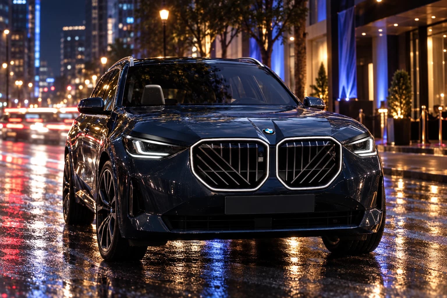 BMW azul oscuro en una calle de ciudad de noche con reflejos de luces sobre el asfalto mojado