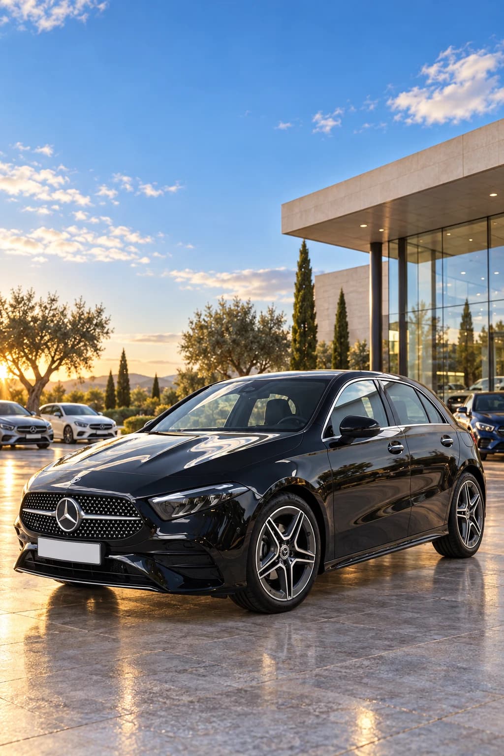 Mercedes-Benz Clase A negro ante un concesionario Mercedes-Benz, con otros Clase A detrás