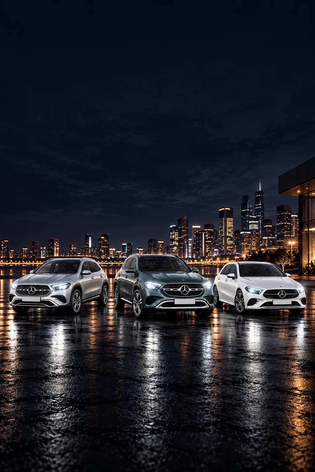 Mercedes-Benz GLA, GLC y Clase A aparcados de noche frente a una ciudad iluminada