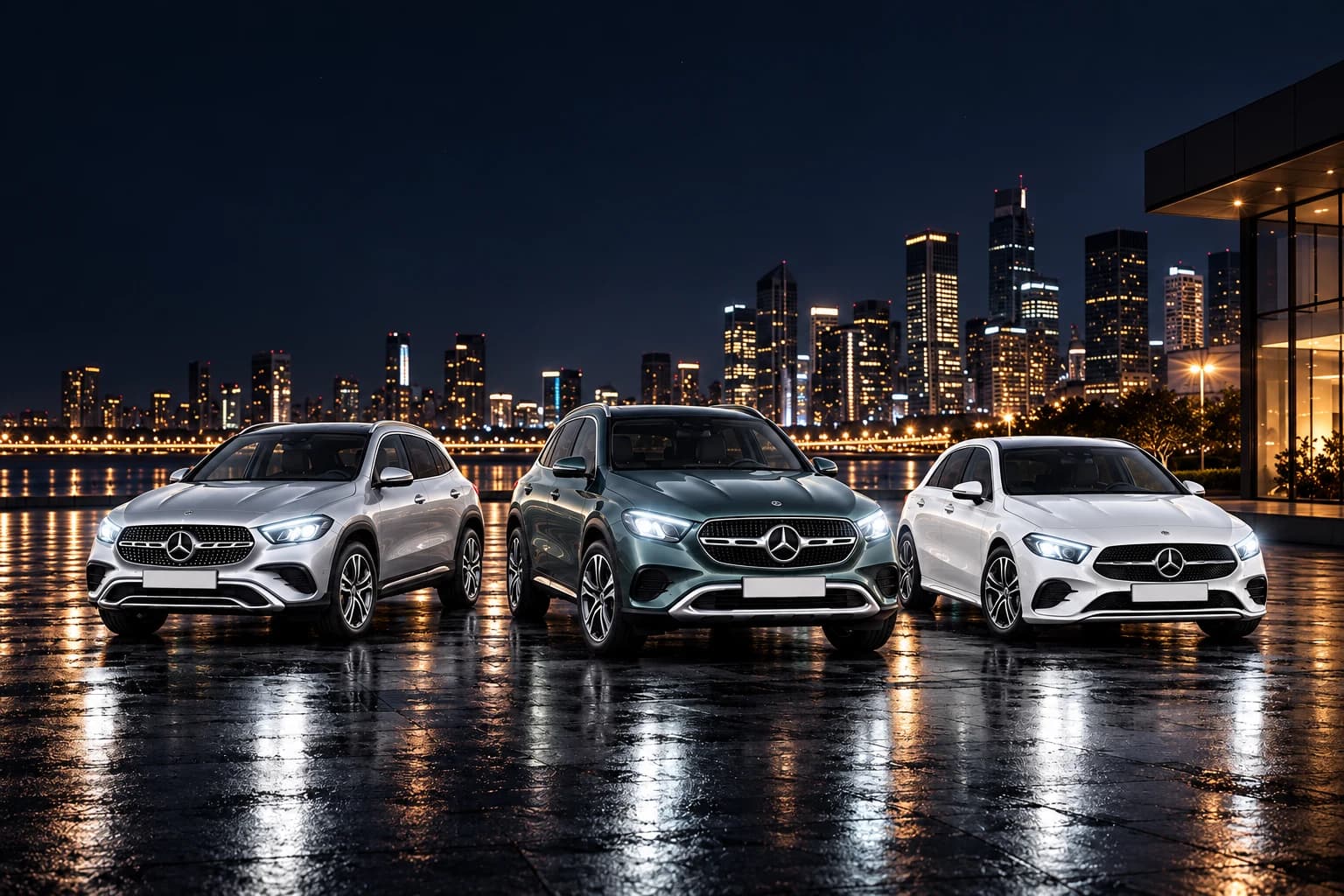 Mercedes-Benz GLA, GLC y Clase A aparcados de noche frente a una ciudad iluminada