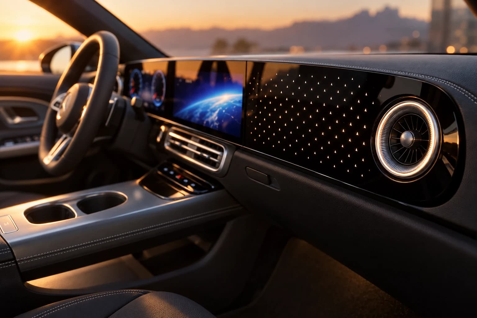 Detalle del salpicadero del Mercedes-Benz CLA con el panel de estrellas y la salida de aire iluminados
