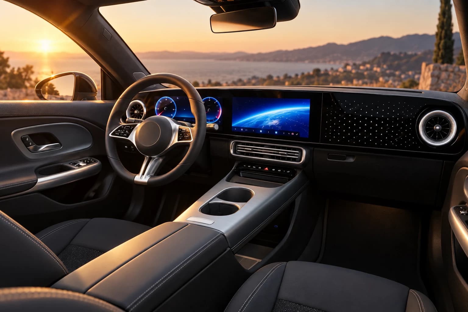 Puesto de conducción del Mercedes-Benz CLA con el volante y las pantallas encendidas al atardecer