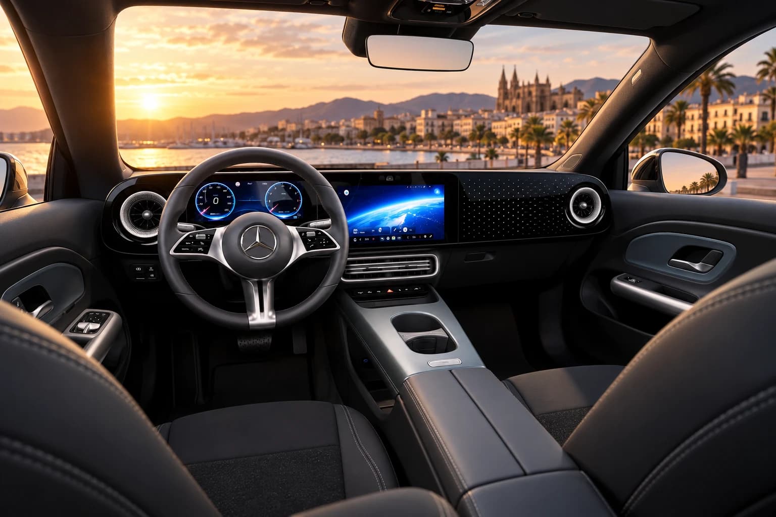 Interior del Mercedes-Benz CLA con las pantallas encendidas y una ciudad junto al mar al atardecer