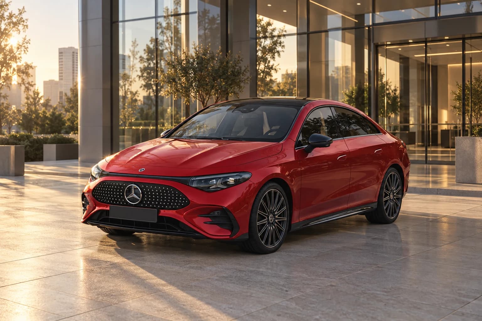 Mercedes-Benz CLA rojo aparcado frente a la entrada de un edificio de oficinas por la mañana