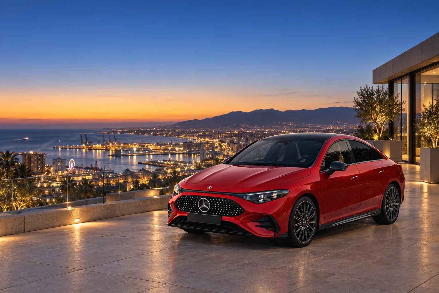 Mercedes-Benz CLA rojo en una terraza frente a Málaga y el mar a la hora azul