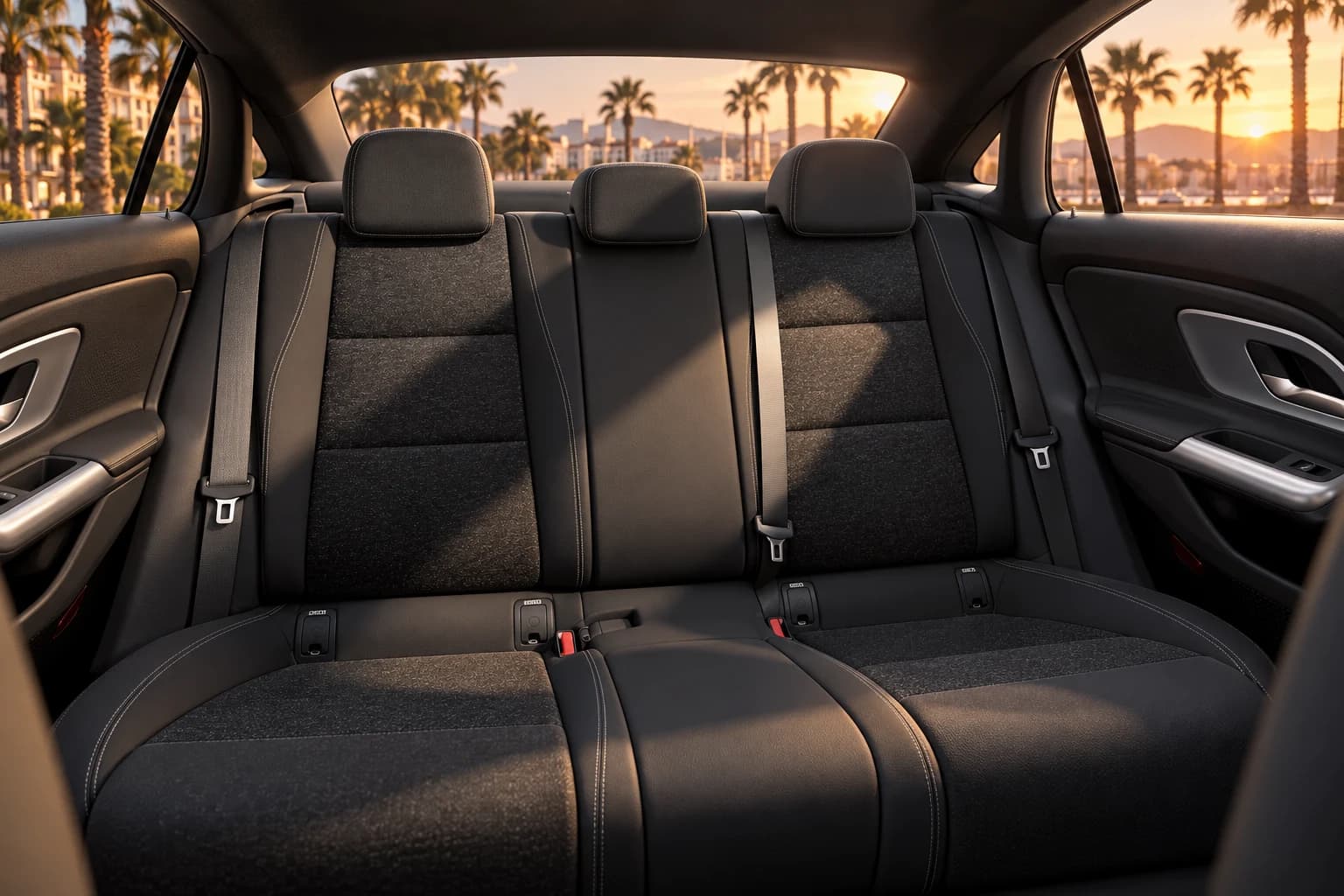 Plazas traseras del Mercedes-Benz CLA con una ciudad con palmeras al atardecer tras las ventanillas