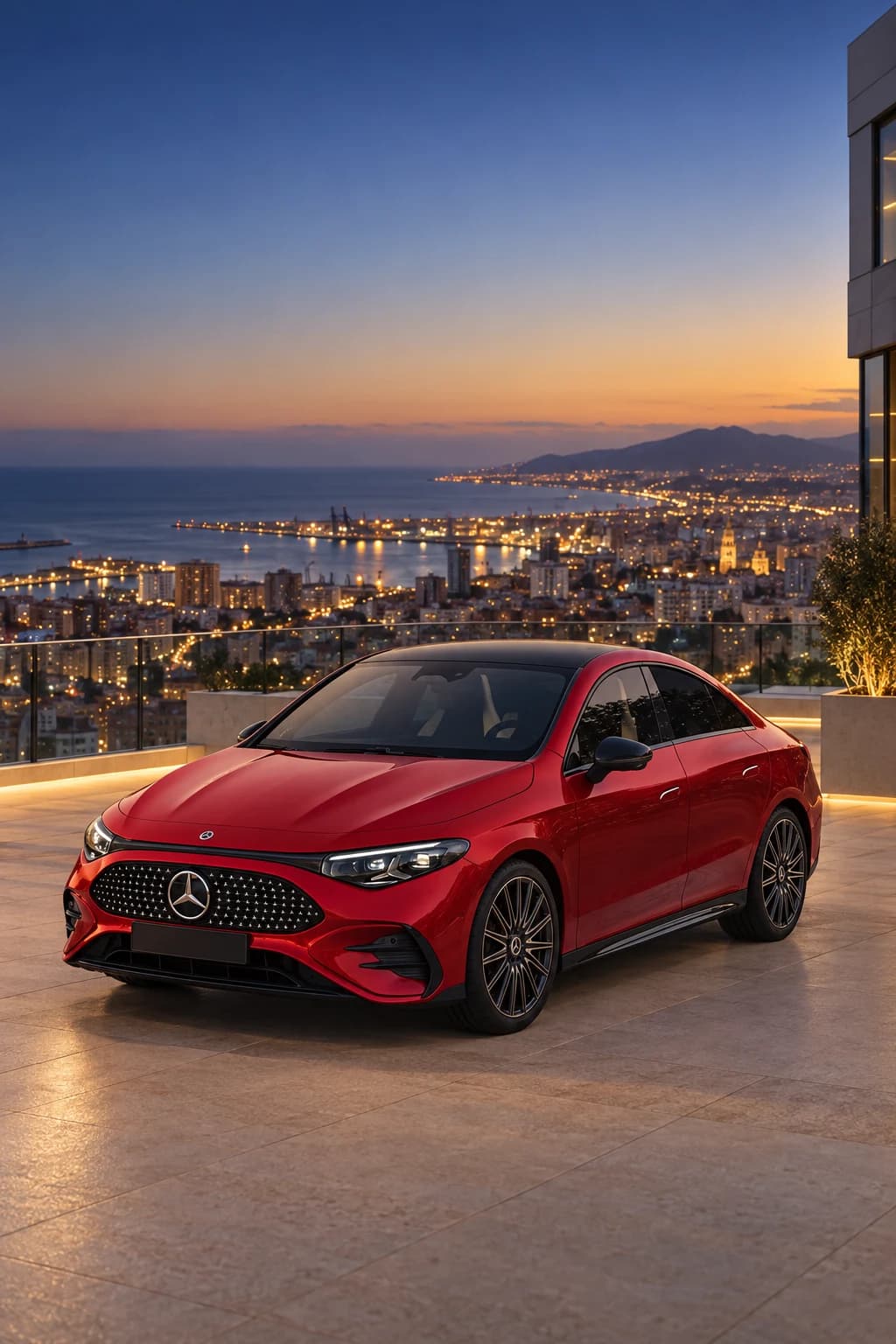 Mercedes-Benz CLA rojo en una terraza frente a Málaga y el mar a la hora azul