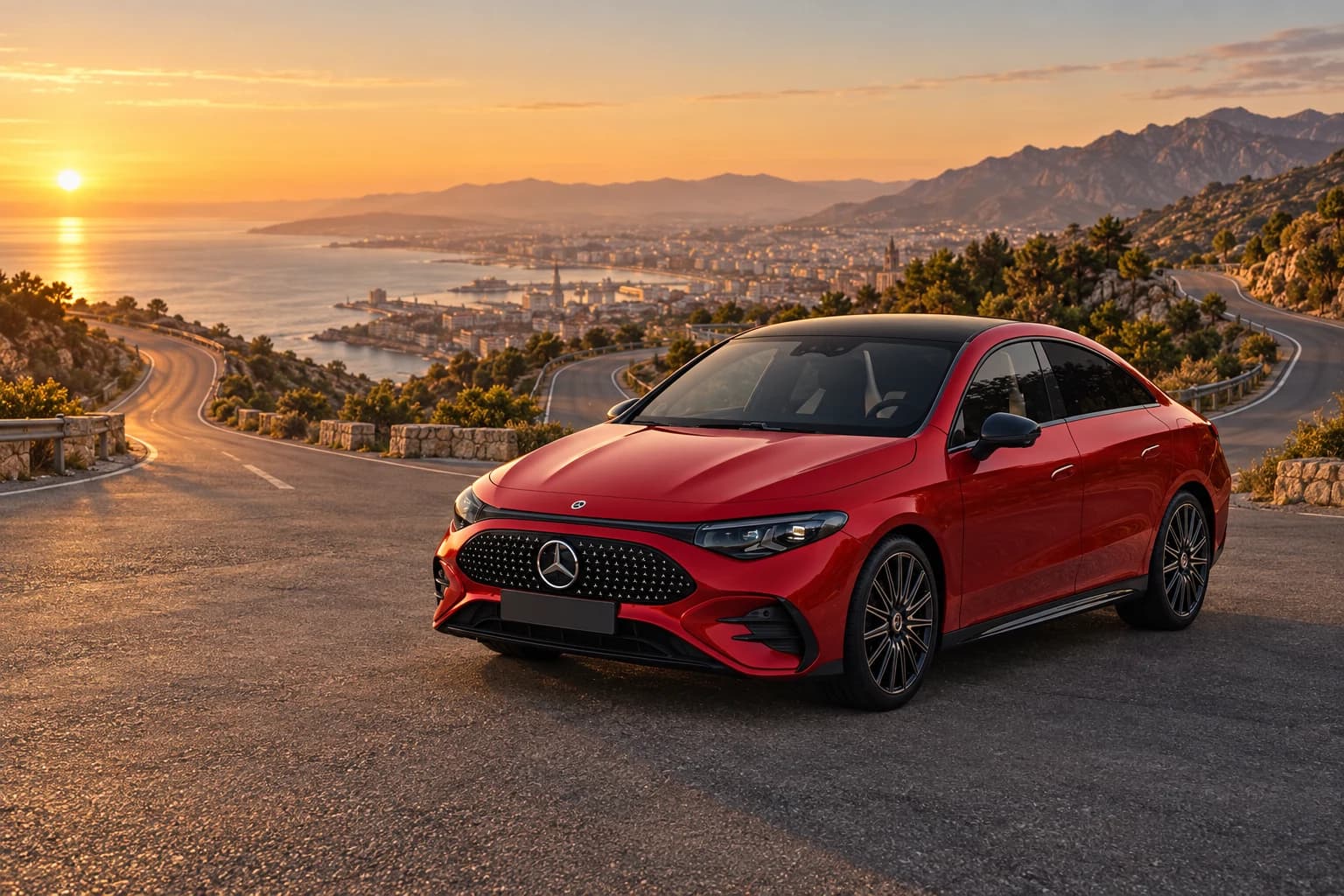 Mercedes-Benz CLA rojo ante una carretera de costa que se abre en tres caminos al atardecer
