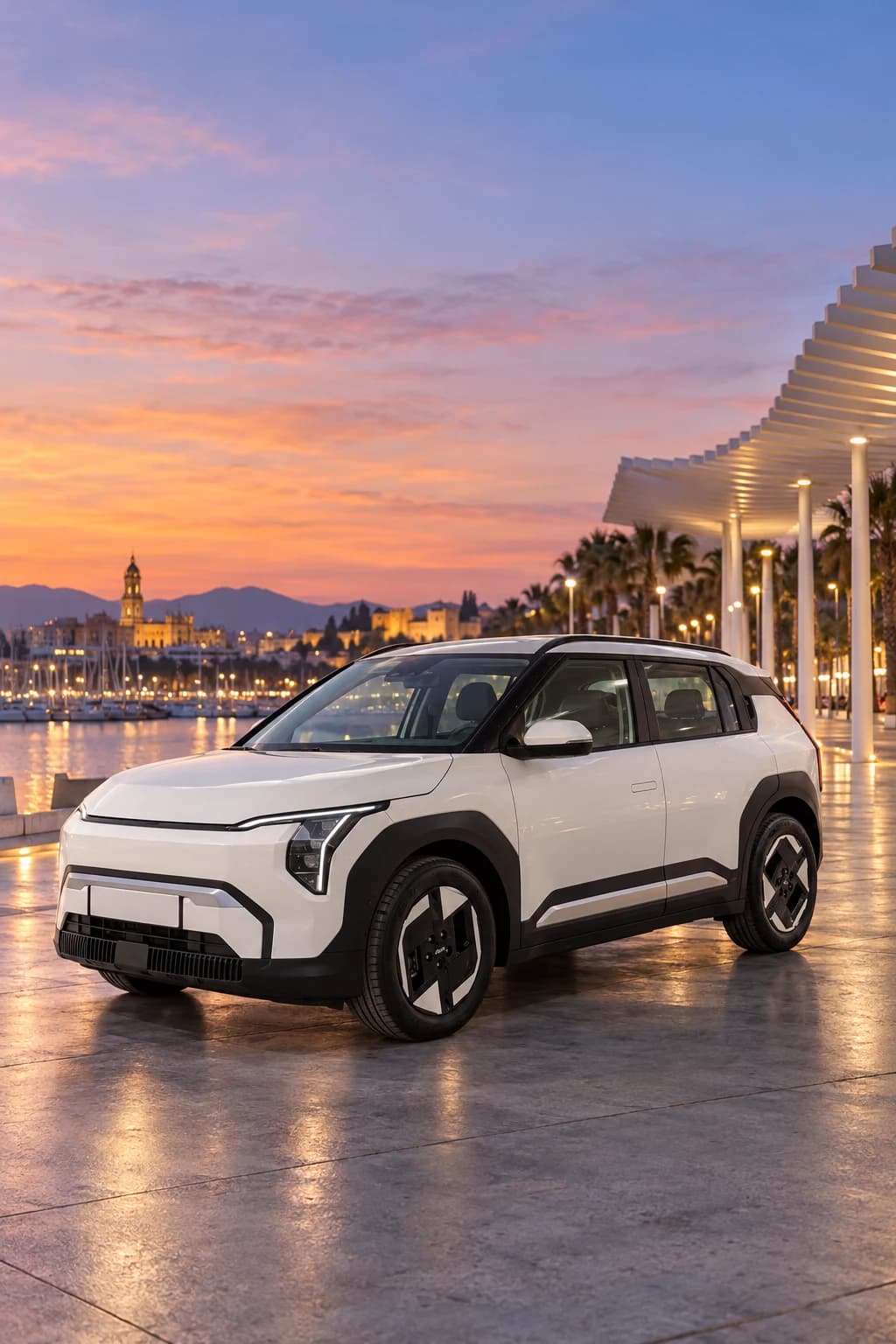 Kia EV3 blanco en el paseo del puerto de Málaga a la hora azul, con la ciudad iluminada al fondo