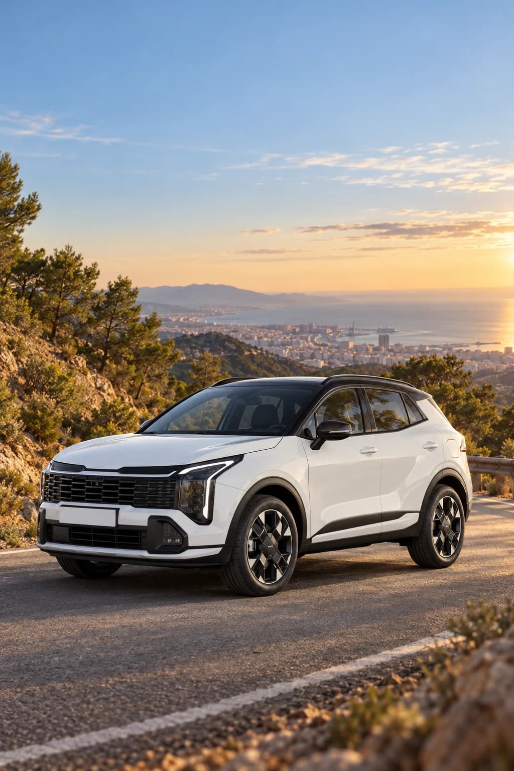 Kia Sportage blanco con techo negro en una carretera de los Montes de Málaga al atardecer, con la bahía al fondo