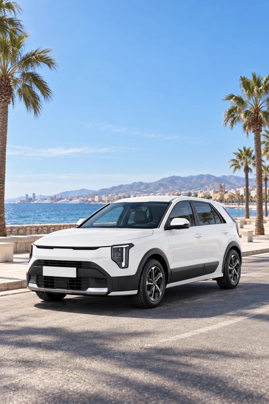 Kia Niro blanco en el paseo marítimo de Málaga a mediodía, con palmeras y el mar al fondo
