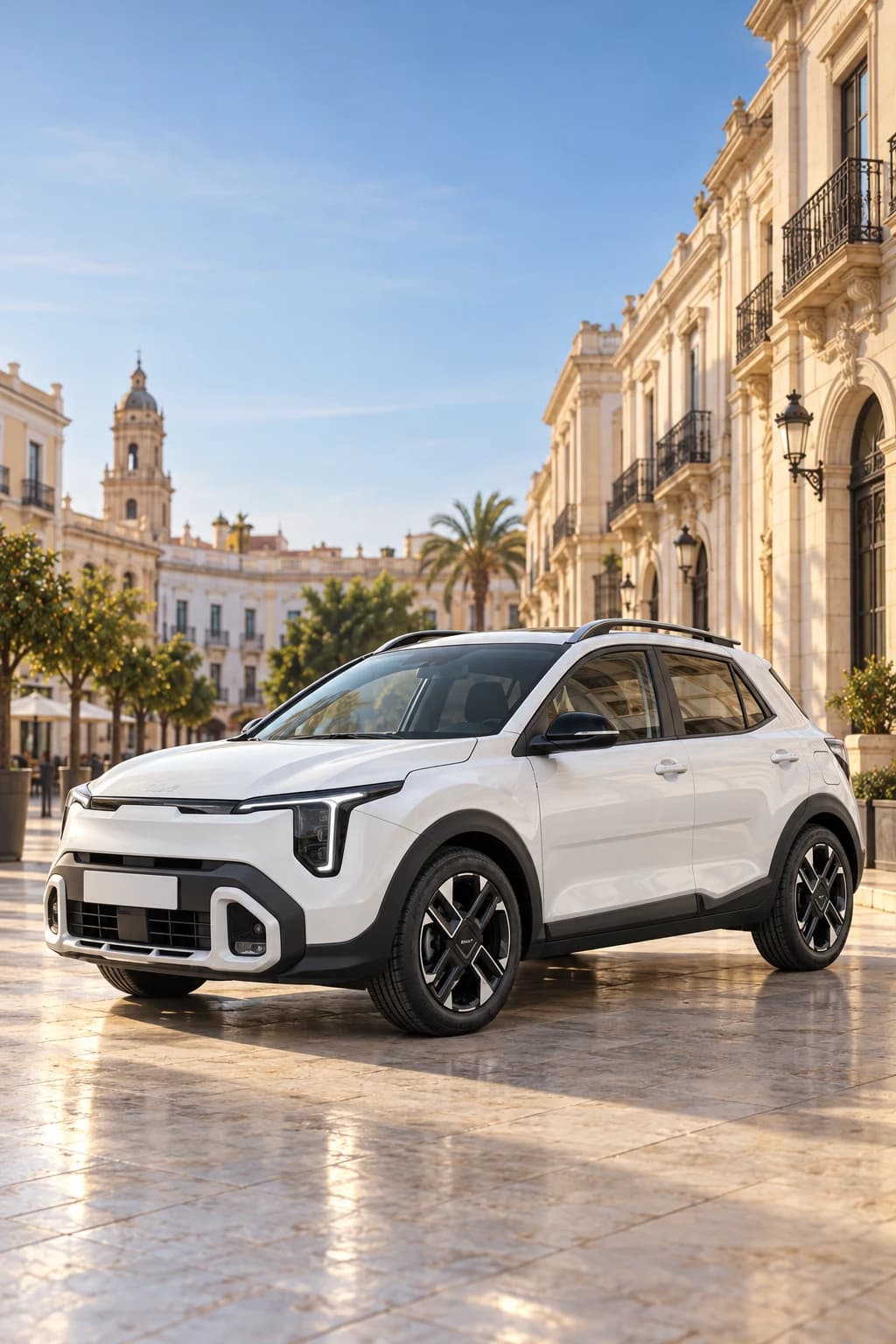 Kia Stonic blanco con techo negro en una calle de mármol del centro histórico de Málaga por la mañana