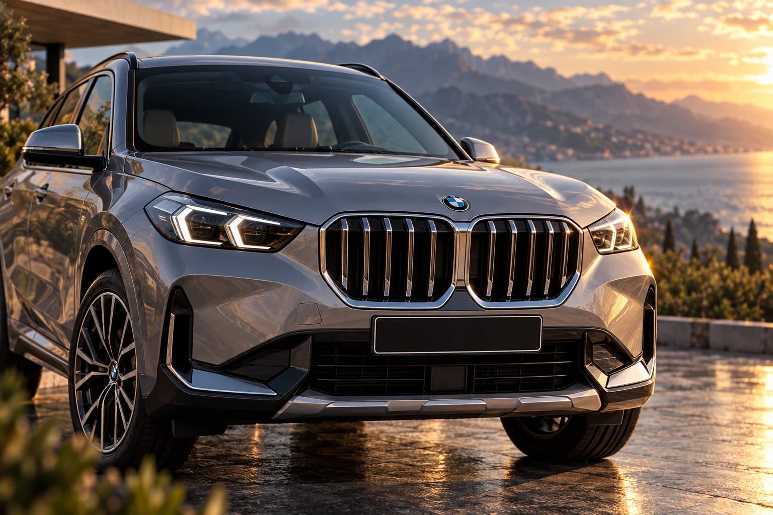 Primer plano del frontal de un BMW X1 gris al atardecer, con el mar al fondo
