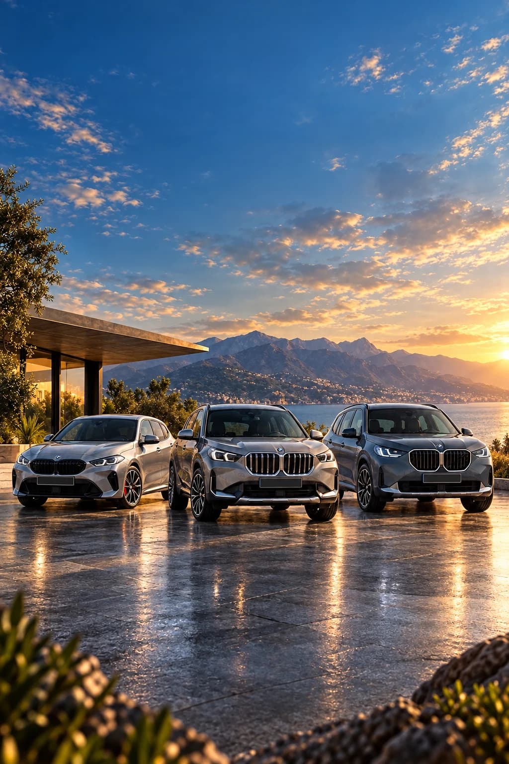 BMW Serie 1, BMW X1 y BMW X3 en una terraza frente al Mediterráneo al atardecer