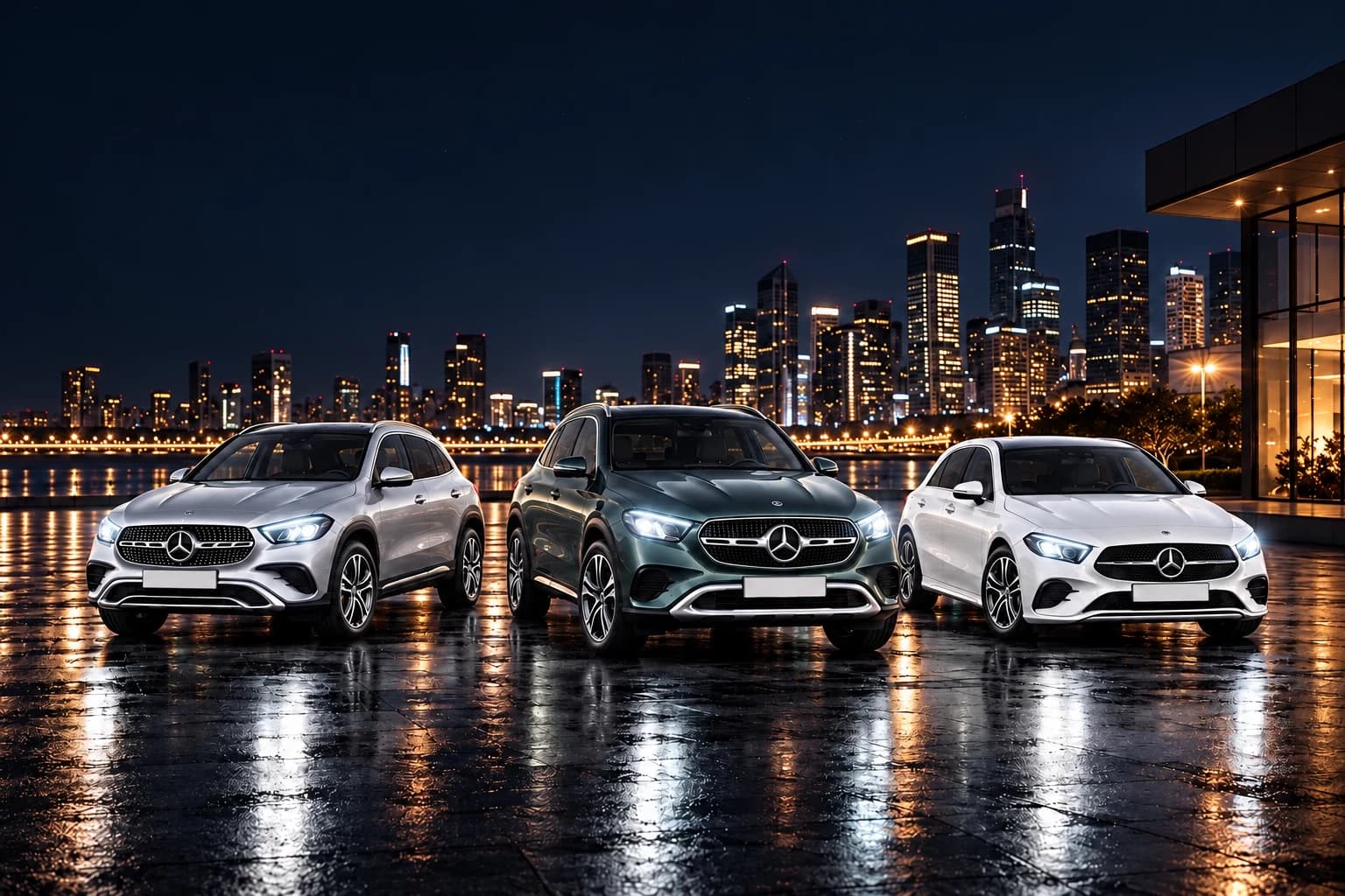 Mercedes-Benz GLA, GLC y Clase A aparcados de noche frente a una ciudad iluminada