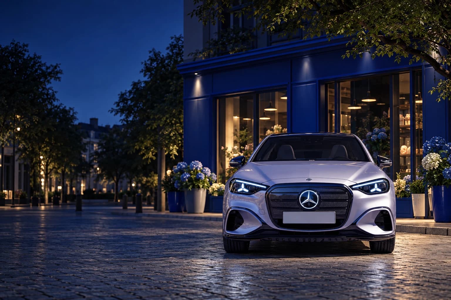 Nuevo Mercedes-Benz Clase C eléctrico plateado, de frente y con la estrella iluminada, de noche ante una fachada azul con hortensias