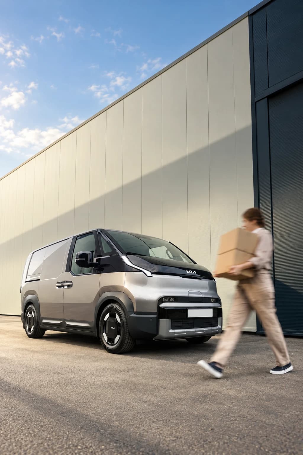 Kia PV5 Cargo gris frente a una nave logística, con una repartidora pasando con cajas