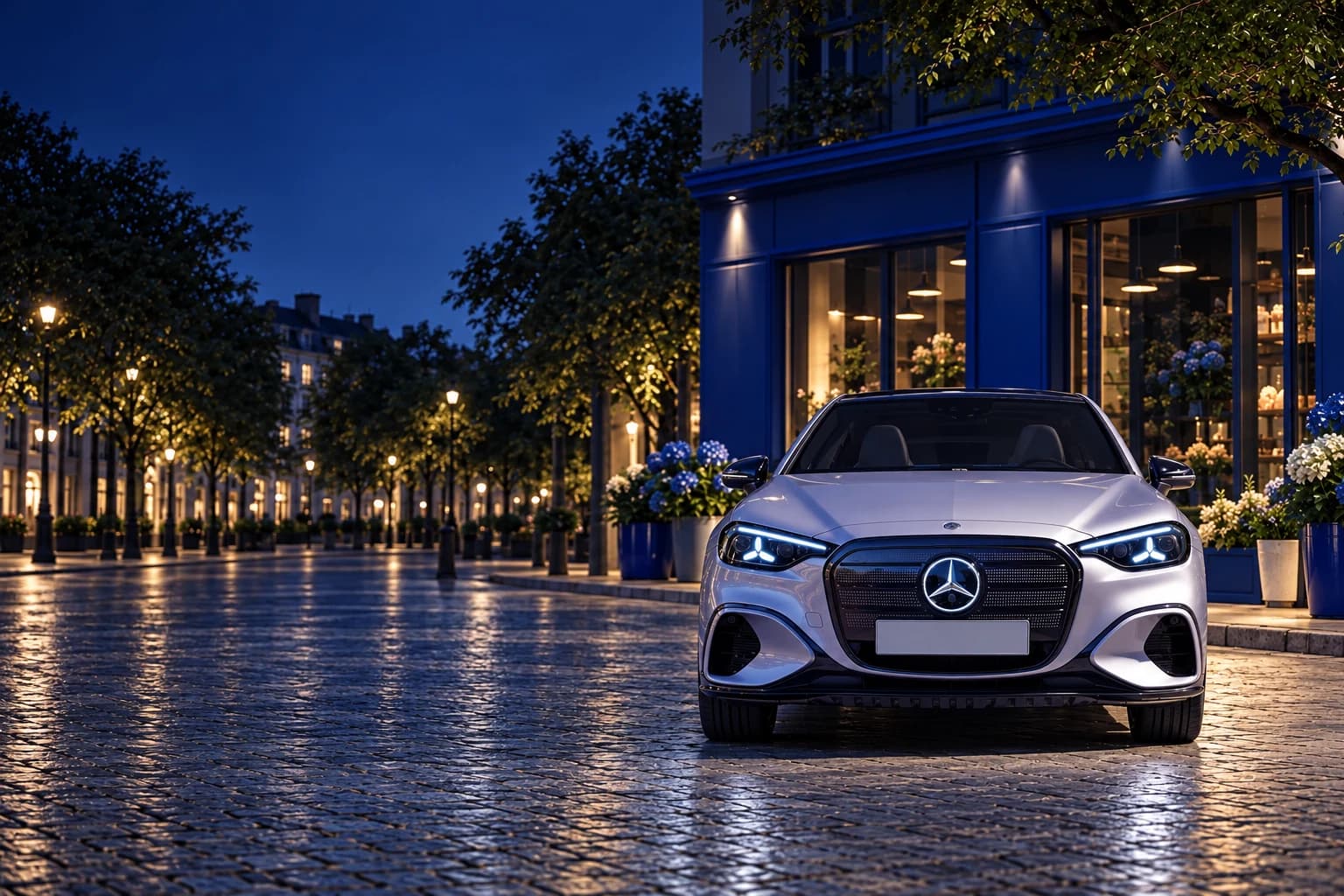 Nuevo Mercedes-Benz Clase C eléctrico plateado, de frente y con la estrella iluminada, de noche ante una fachada azul con hortensias