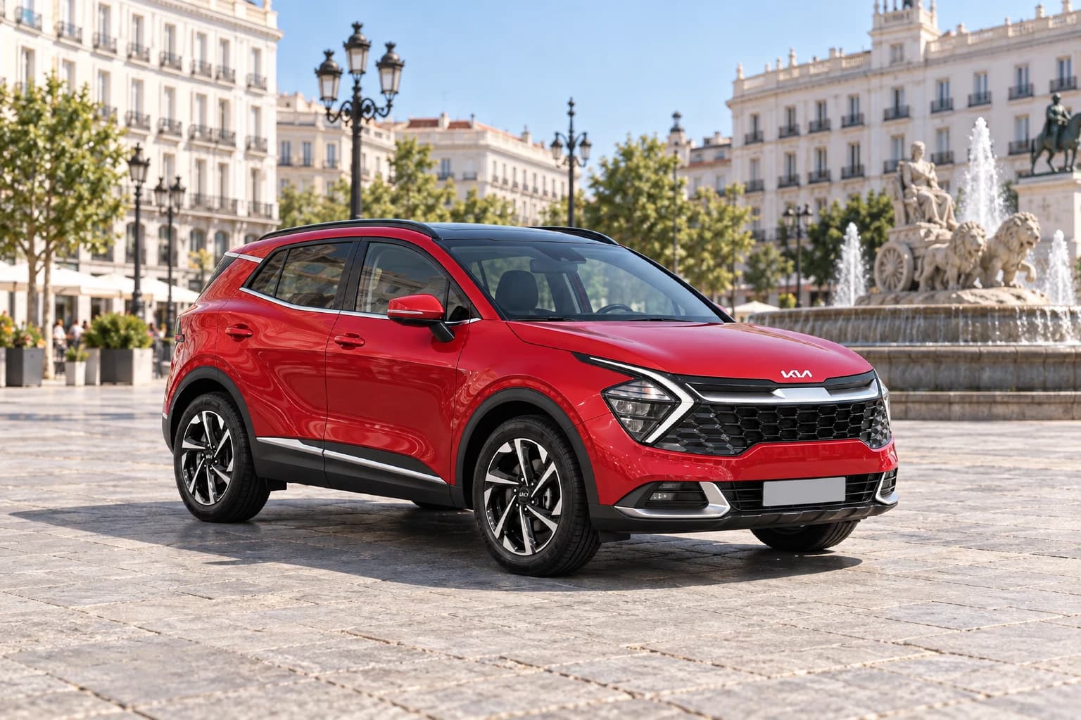 Kia Sportage rojo en una plaza luminosa del centro de Madrid