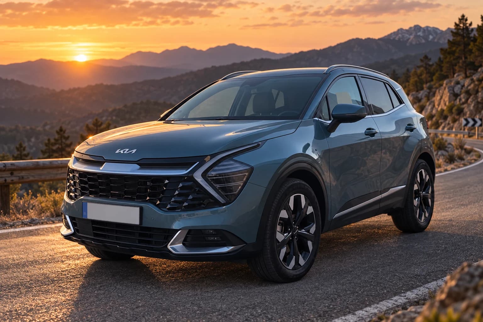Kia Sportage enchufable al atardecer en una carretera de la sierra de Madrid