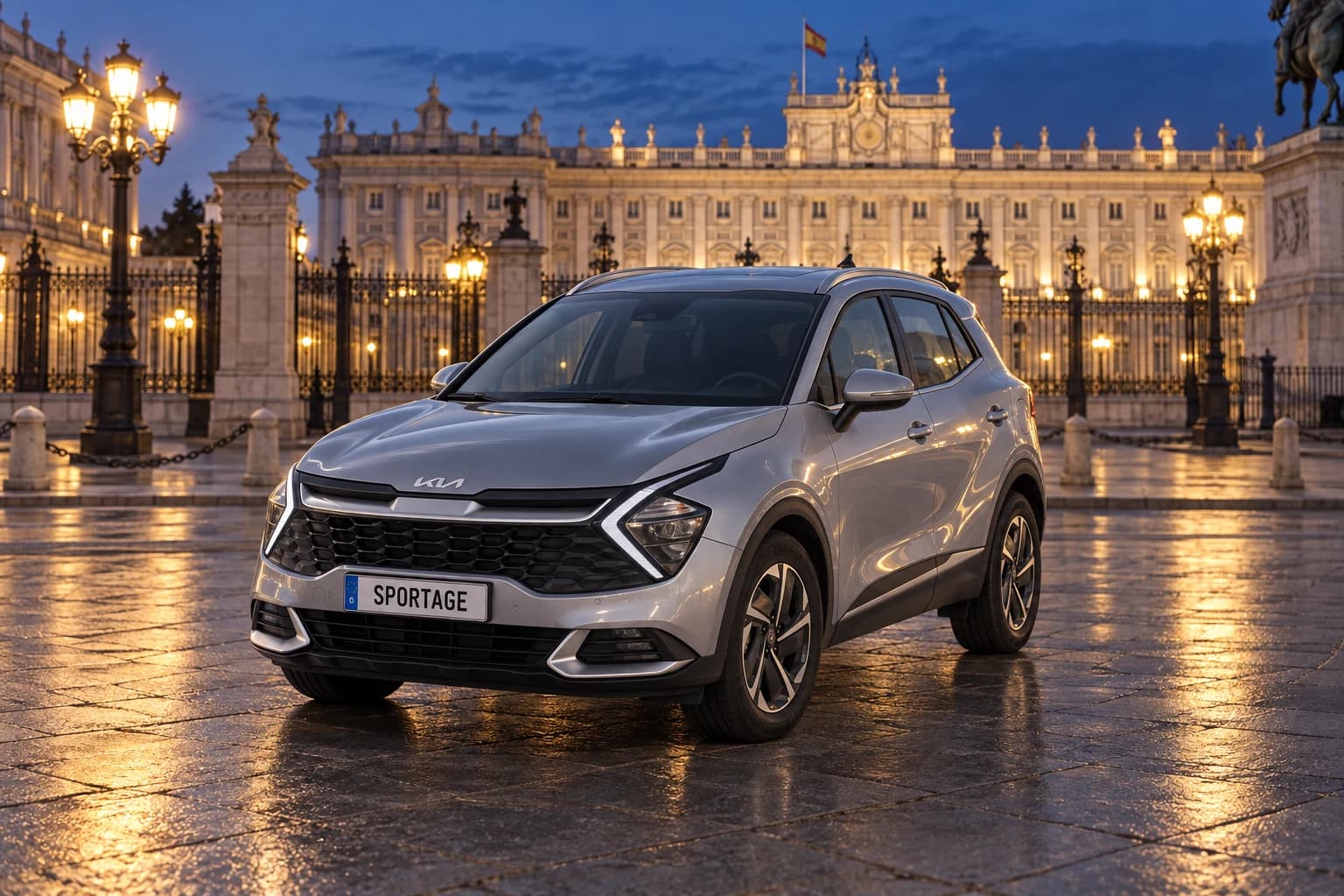 Kia Sportage plateado con la matrícula SPORTAGE al anochecer en una plaza de Madrid, con el Palacio Real iluminado al fondo