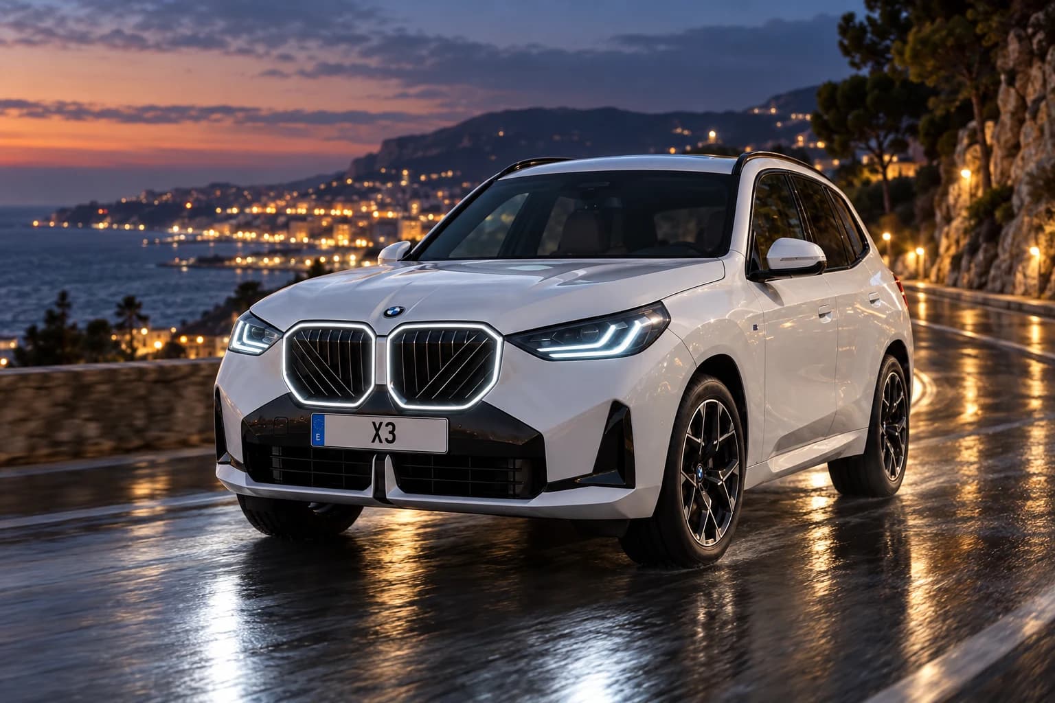 BMW X3 de noche, con la parrilla iluminada