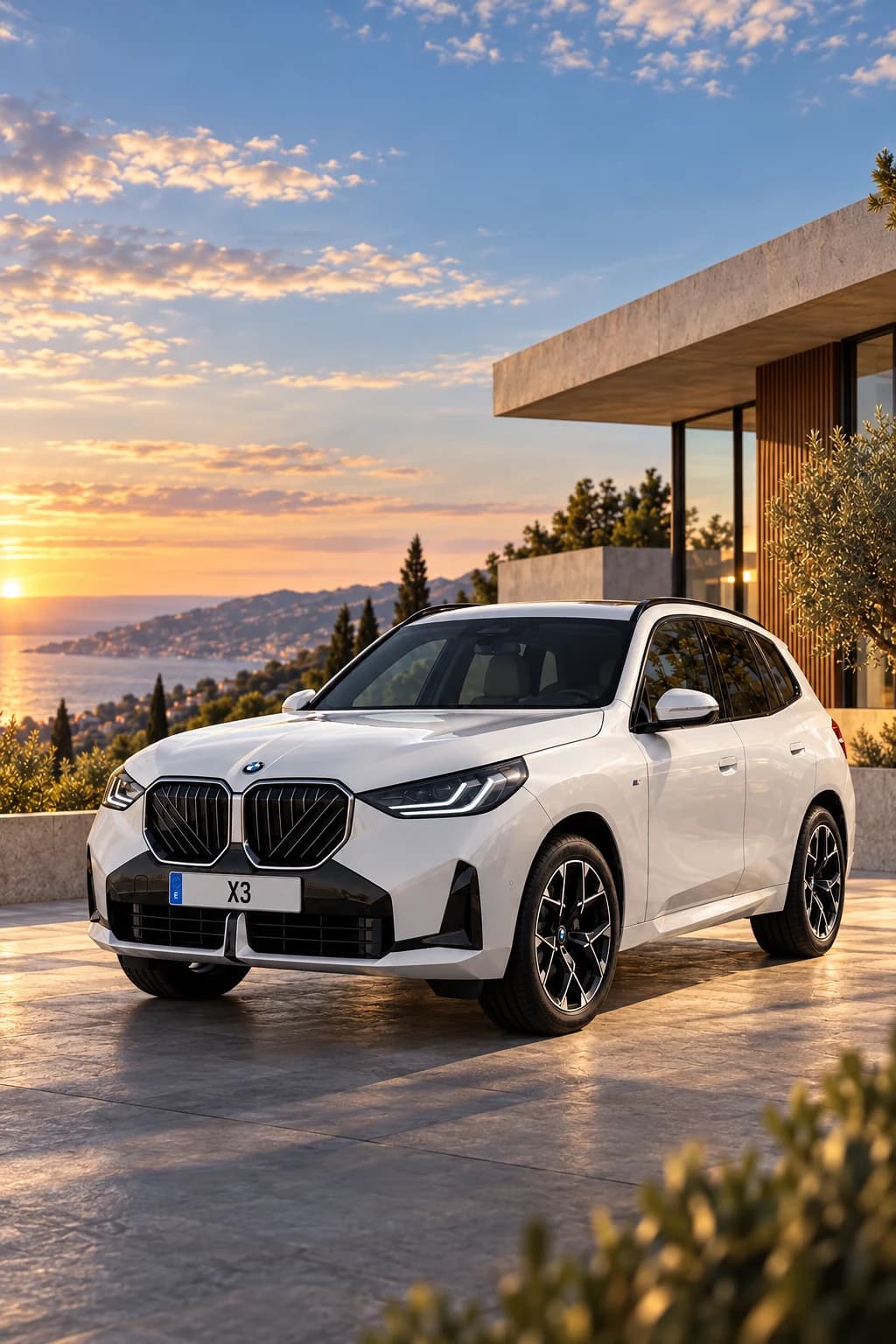 BMW X3 blanco en la terraza de una villa mediterránea al atardecer