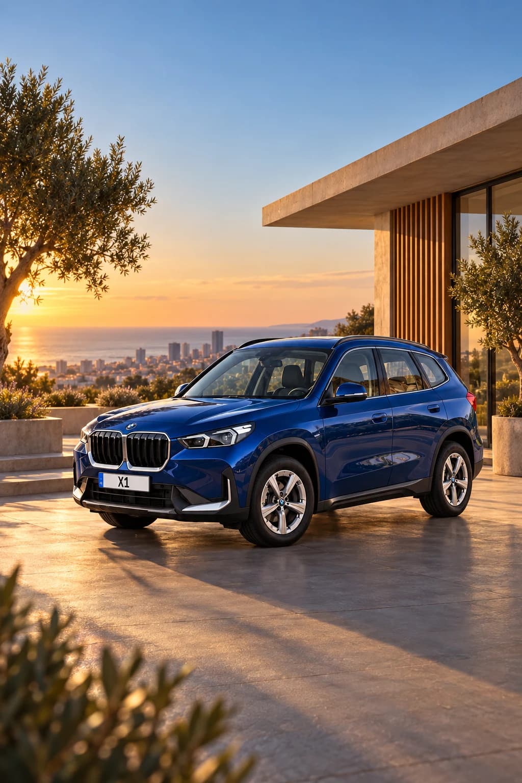 BMW X1 azul en la terraza de una villa mediterránea al atardecer