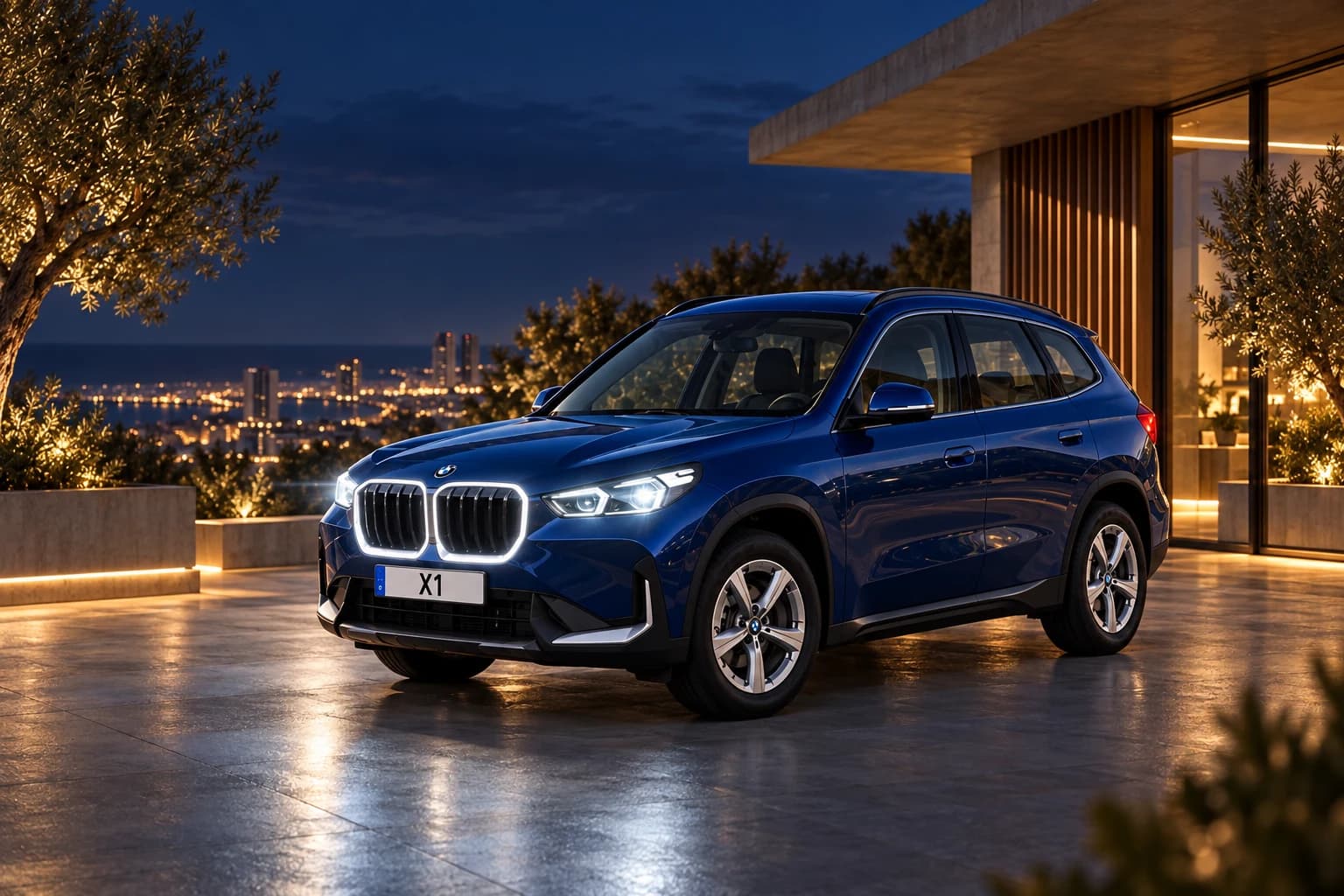 BMW X1 de noche, con la parrilla iluminada