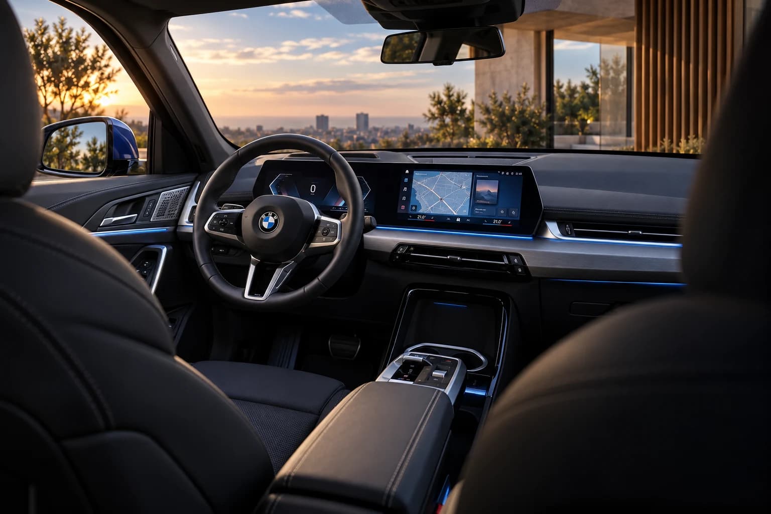 Interior del BMW X1 con la BMW Curved Display y luz ambiente