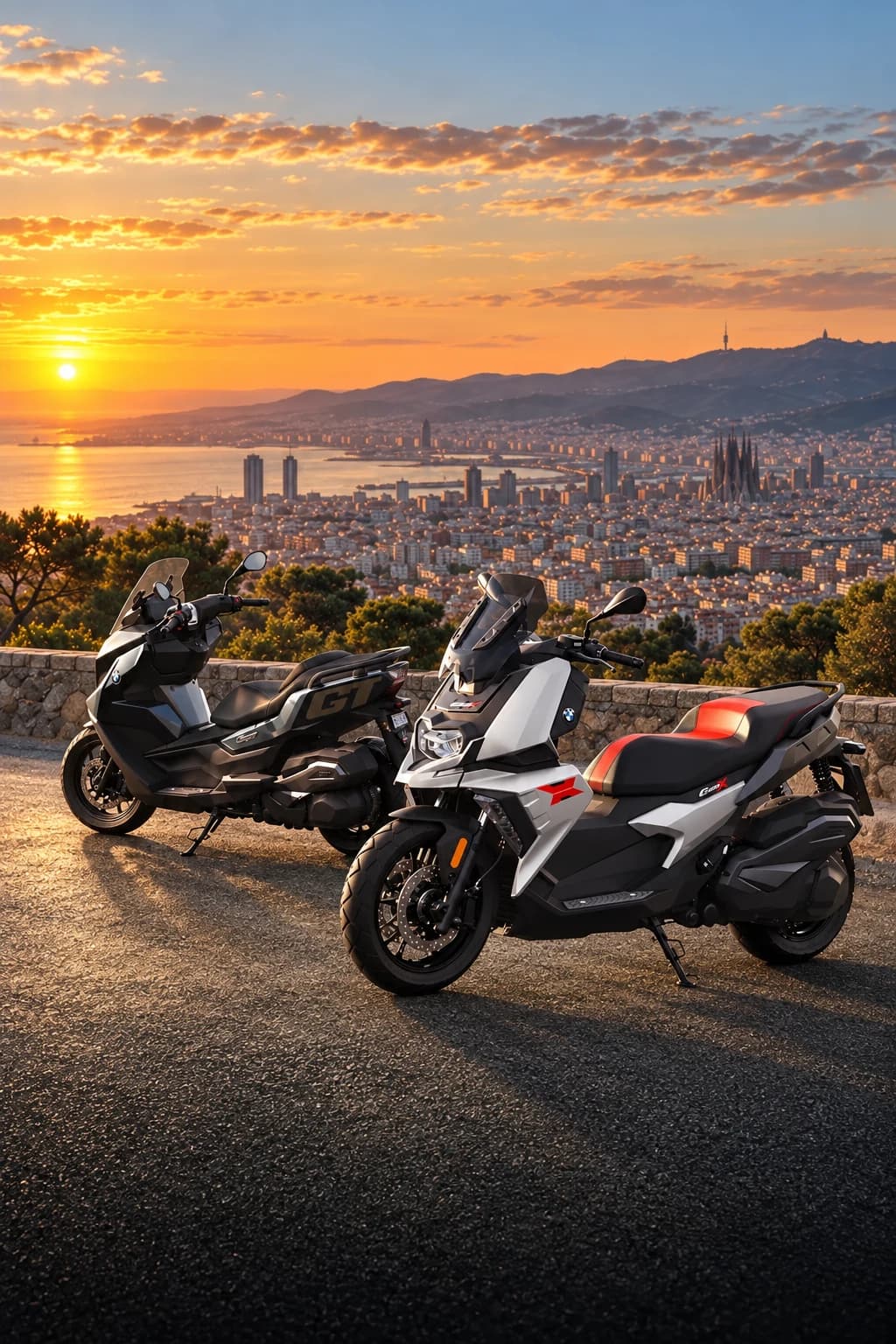 BMW C 400 X y BMW C 400 GT al atardecer sobre Barcelona