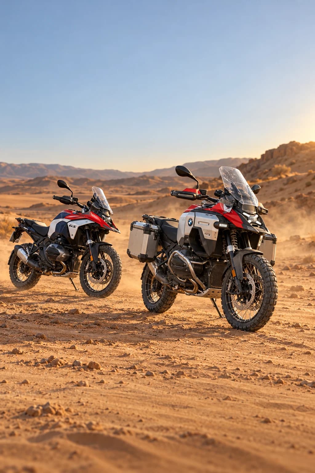 BMW R 1300 GS y BMW R 1300 GS Adventure con maletas en el desierto al atardecer