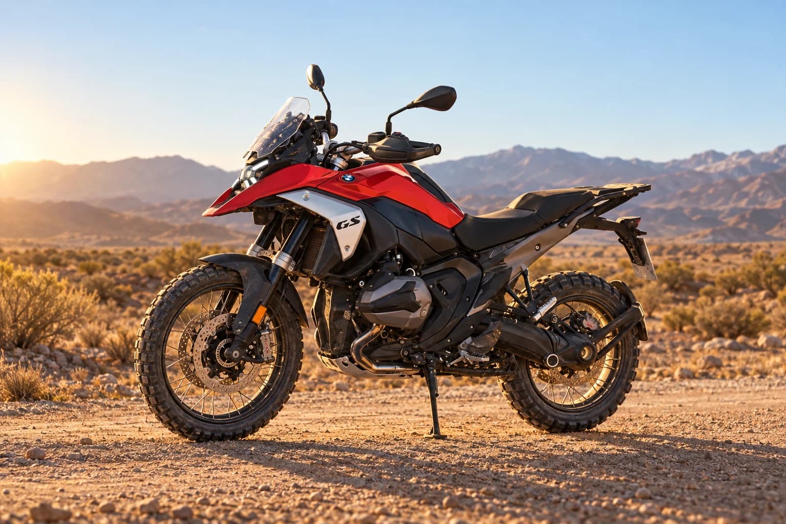 BMW R 1300 GS roja con laterales plateados en un camino del desierto al atardecer