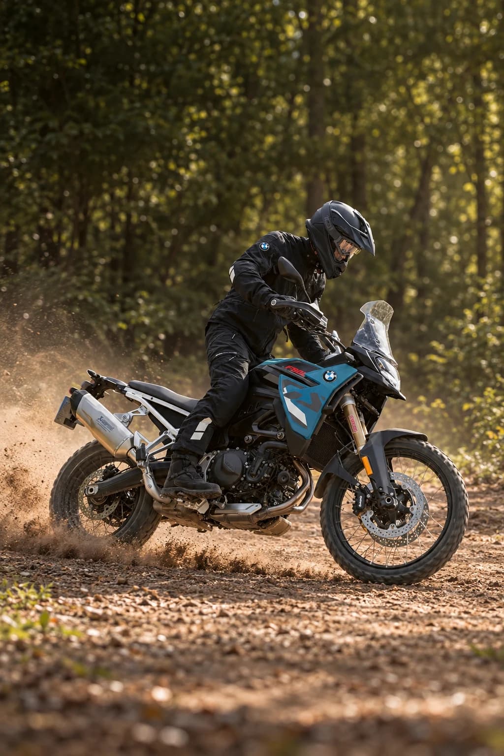 BMW F 900 GS derrapando por una pista de tierra en un bosque