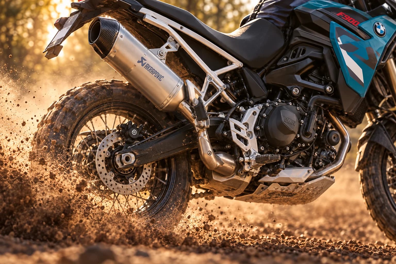 Silenciador de titanio Akrapovič y motor de la BMW F 900 GS levantando polvo
