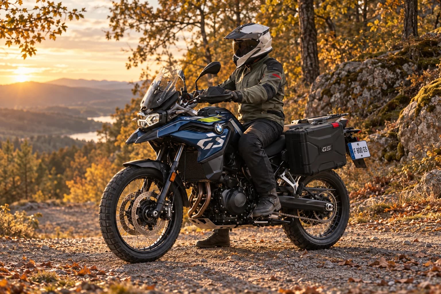 BMW F 800 GS con maletas laterales parada en un camino de grava en un bosque otoñal al atardecer