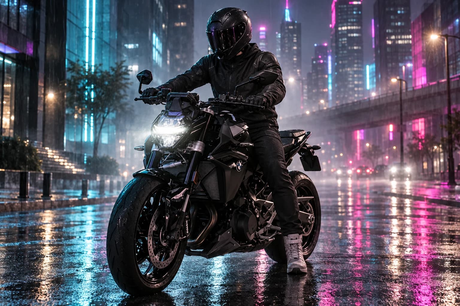 BMW F 900 R Black Edition parada en una calle mojada de la ciudad de noche