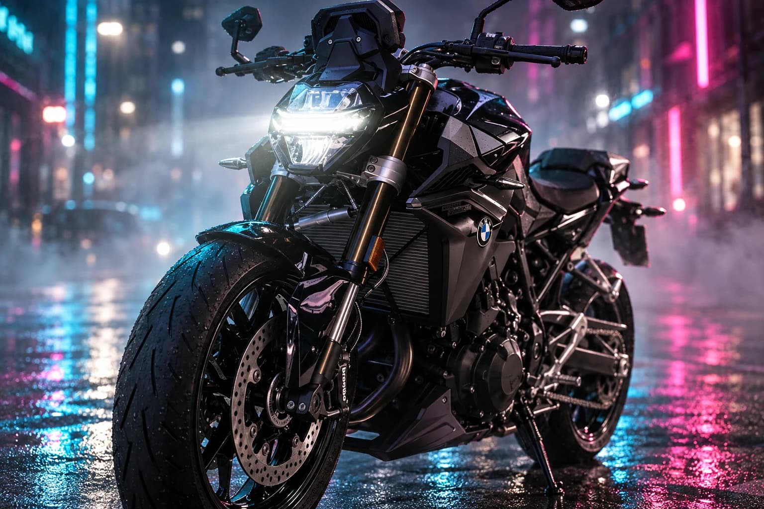Faro LED, horquilla y motor de la BMW F 900 R Black Edition de noche
