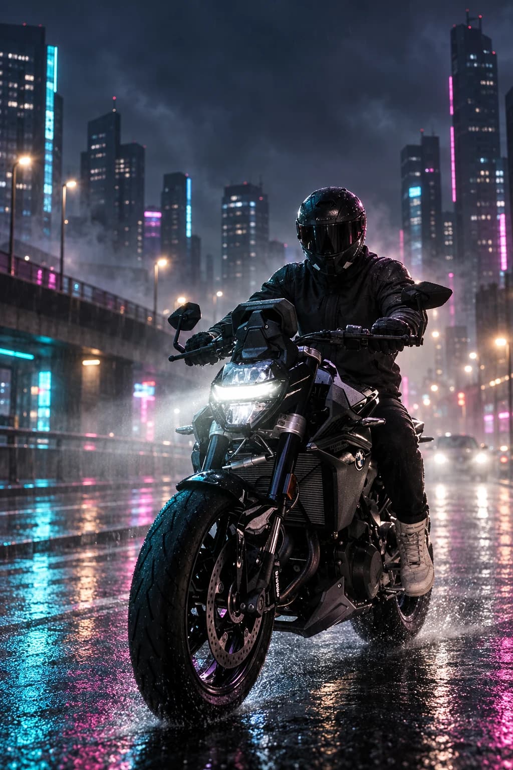 BMW F 900 R Black Edition circulando de noche por una ciudad bajo la lluvia