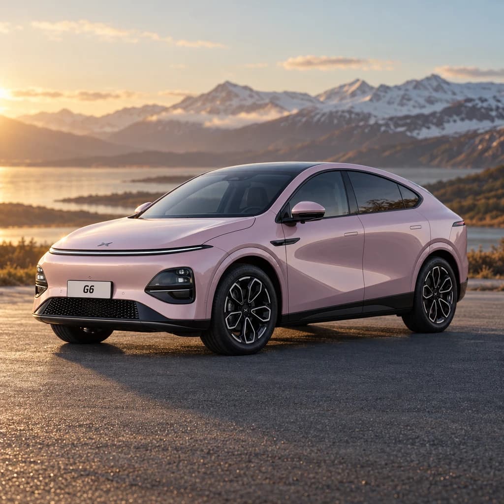 XPENG G6 rosa en tres cuartos delantero al amanecer