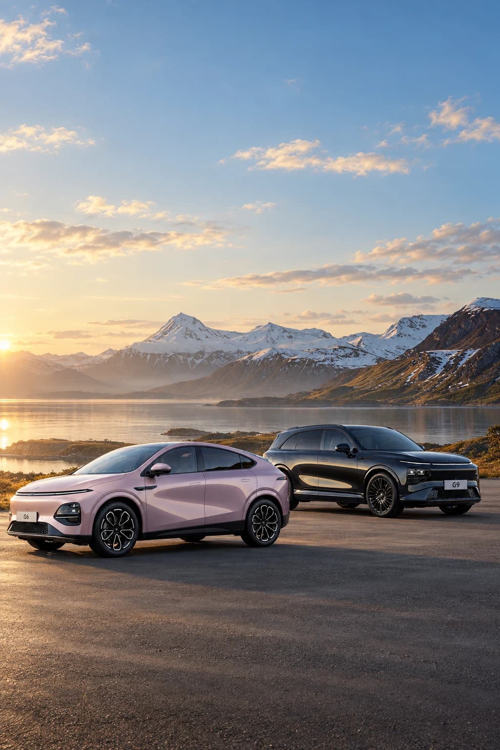 XPENG G6 rosa y XPENG G9 antracita al amanecer junto a un lago y montañas nevadas