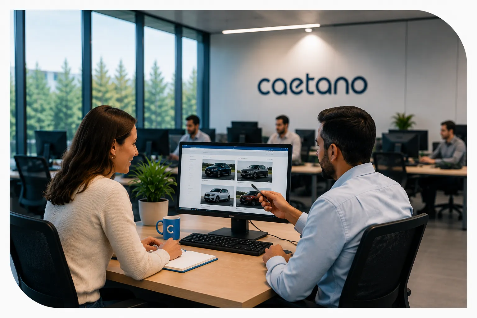 Asesor de Caetano mostrando vehículos a una clienta en una oficina, con el logotipo Caetano al fondo