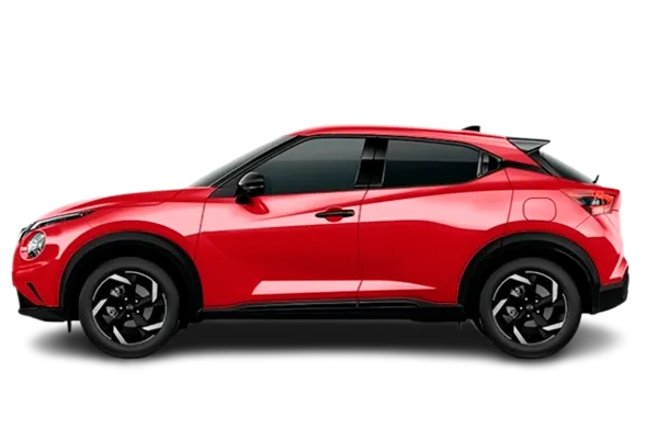 Foto lateral del Nissan Juke rojo en fondo transparente