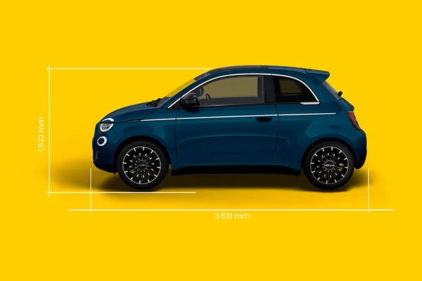 Foto lateral del Fiat 500 mostrando las medidas tanto la altura como la longitud