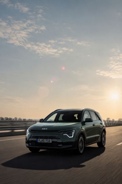 Banner e-Niro segunda mano e-Niro de segunda mano en verde circulando por autopista al atardecer