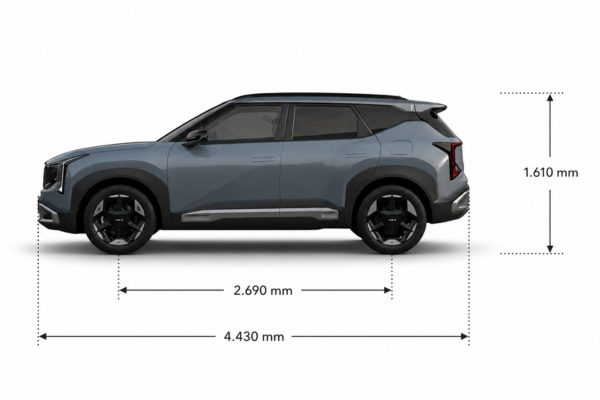 Esquema con las medidas del Kia Seltos: largo, alto y batalla