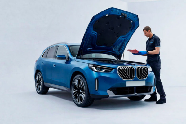 Hombre revisa coche en un taller autorizado BMW Madrid Caetano