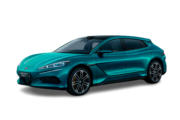 Denza Z9 GT en verde, vista frontal lateral del fastback